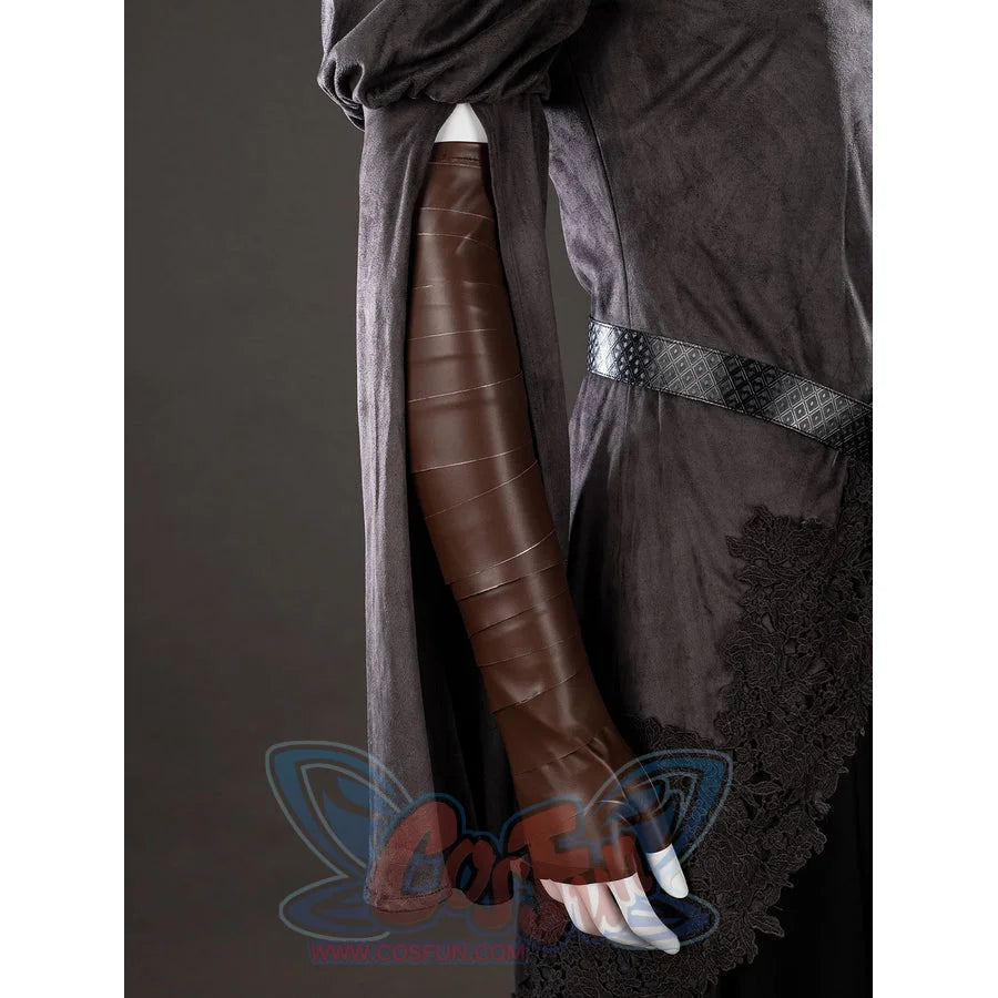 Dark Souls III Fire Keeper cosplay glove side detail shows brown arm coverings beneath the tunic layers