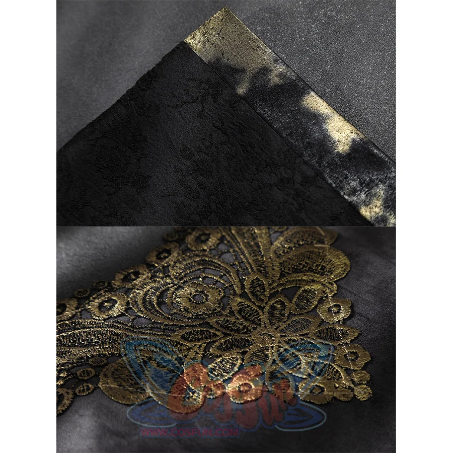 Close-up showing black textured fabric with mottled gold trim and an ornate gold embroidered lace applique.