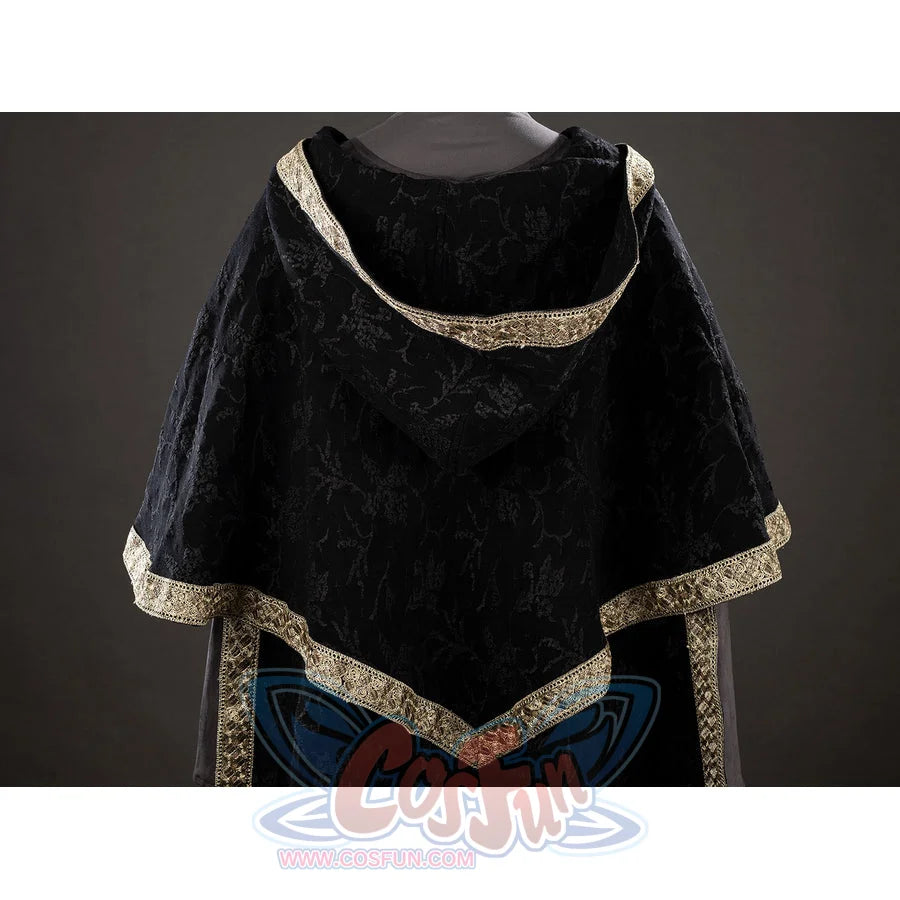 Dark Souls III Fire Keeper cosplay hood back detail displays black jacquard texture bordered by gold trim