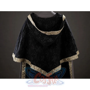 Dark Souls III Fire Keeper cosplay hood back detail displays black jacquard texture bordered by gold trim