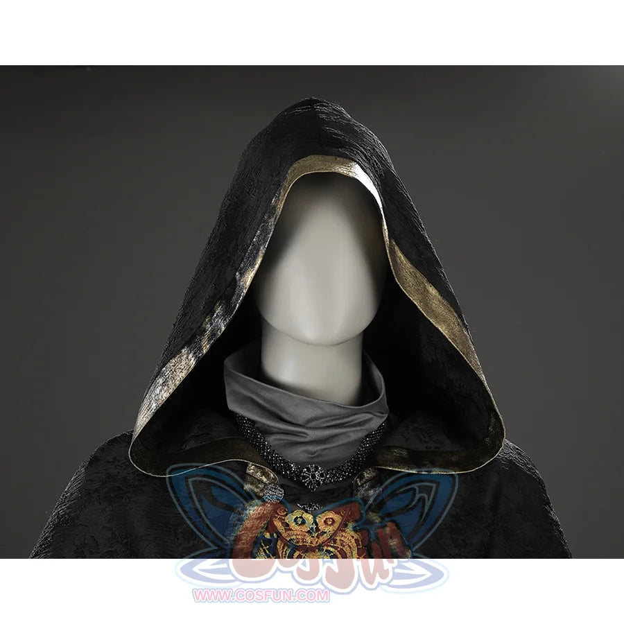 Close-up front view of the Fire Keeper cosplay hood showing the dark textured fabric and metallic inner edge trim.