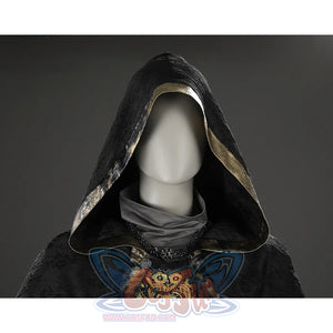 Close-up front view of the Fire Keeper cosplay hood showing the dark textured fabric and metallic inner edge trim.