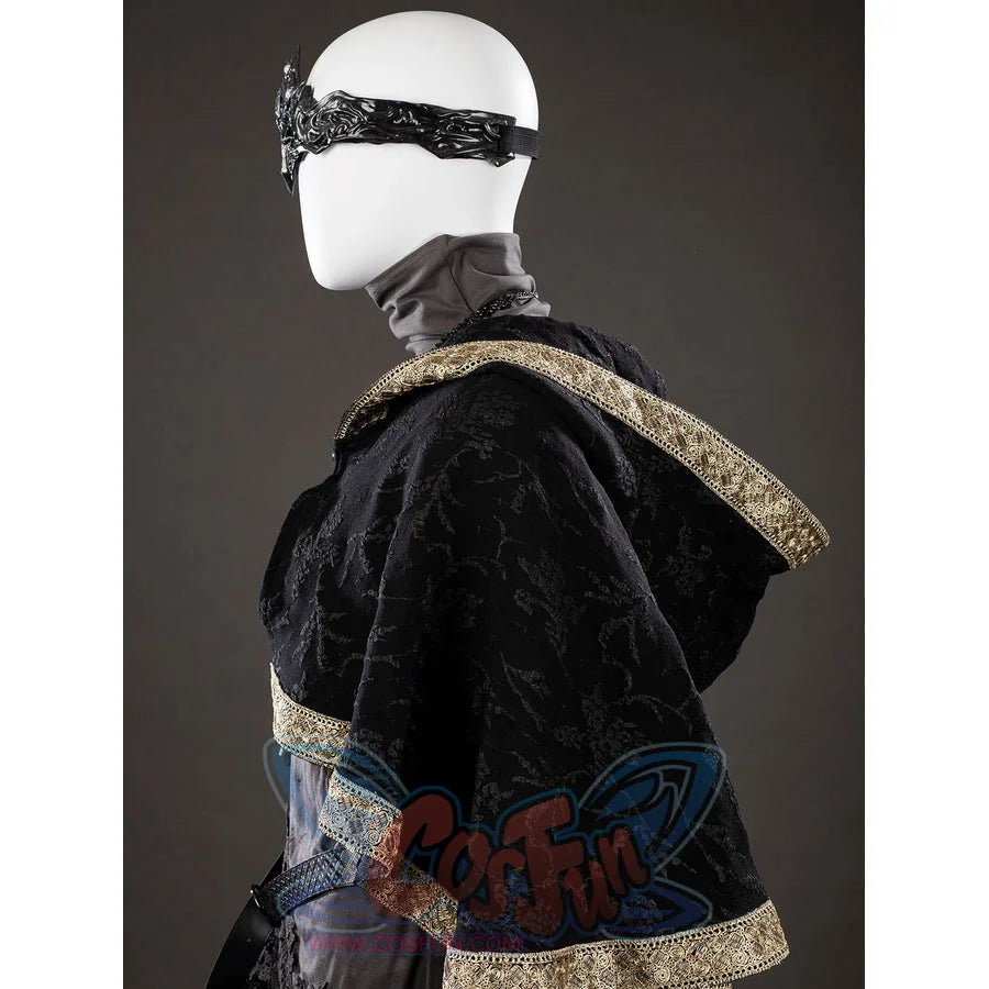 Dark Souls III Fire Keeper cosplay cloak side close-up frames the mask in black jacquard and gold trim