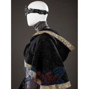Dark Souls III Fire Keeper cosplay cloak side close-up frames the mask in black jacquard and gold trim