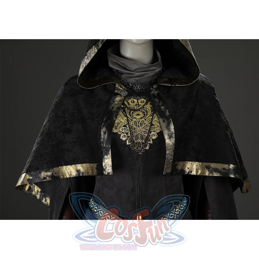 Upper front view of the Dark Souls III Fire Keeper cosplay hooded cape with metallic trim and gold chest embroidery.