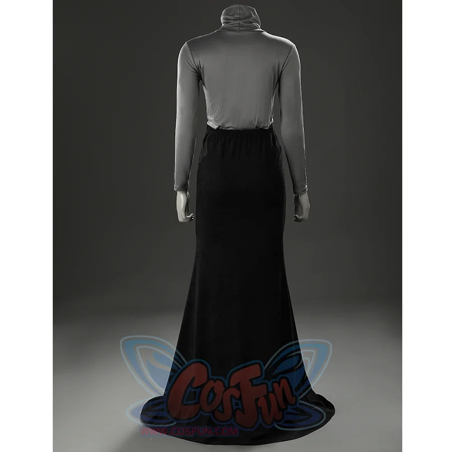 Full back view of the inner dress with gray high neck top and long black skirt from the Fire Keeper cosplay set.
