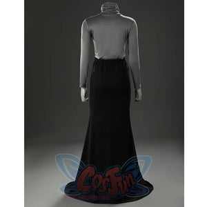 Full back view of the inner dress with gray high neck top and long black skirt from the Fire Keeper cosplay set.