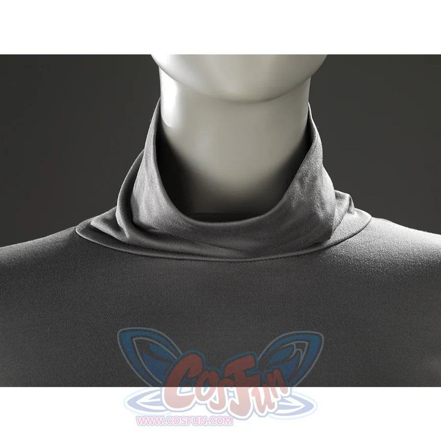 Close-up of the gray high neck collar on the inner dress from the Dark Souls III Fire Keeper cosplay costume.