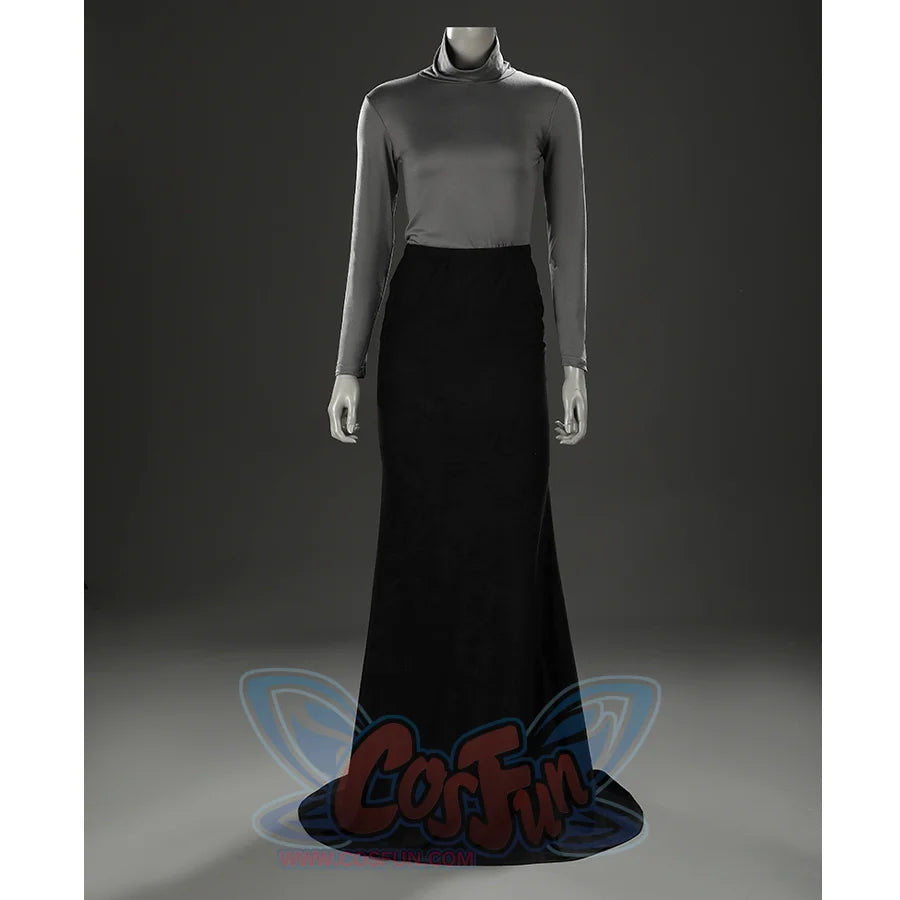 Full front view of the inner dress showing a gray high neck long sleeve top paired with a long black skirt.
