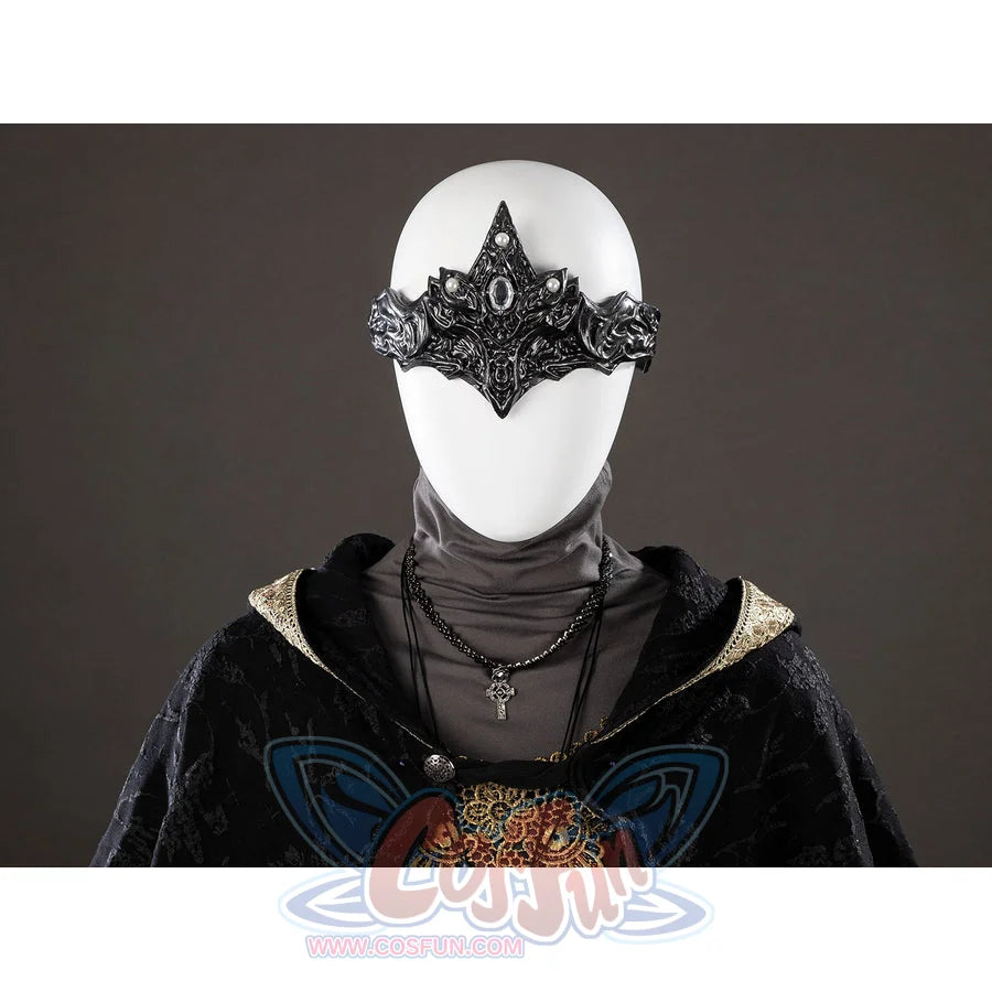 Dark Souls III Fire Keeper cosplay mask close-up sits above dark chains and a gold lace neckline