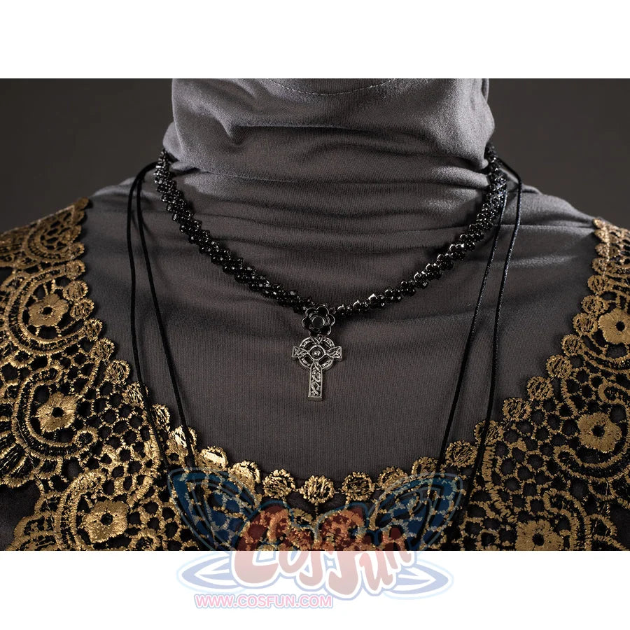 Dark Souls III Fire Keeper cosplay necklace set close-up shows black chains anchored by a small cross pendant