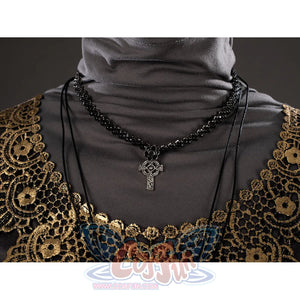 Dark Souls III Fire Keeper cosplay necklace set close-up shows black chains anchored by a small cross pendant
