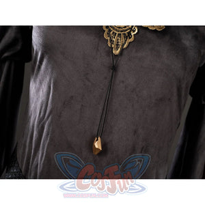 Dark Souls III Fire Keeper cosplay costume pendant detail rests over the gray jacquard tunic