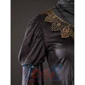 Dark Souls III Fire Keeper cosplay costume shoulder detail sets gold lace over puffed gray sleeves