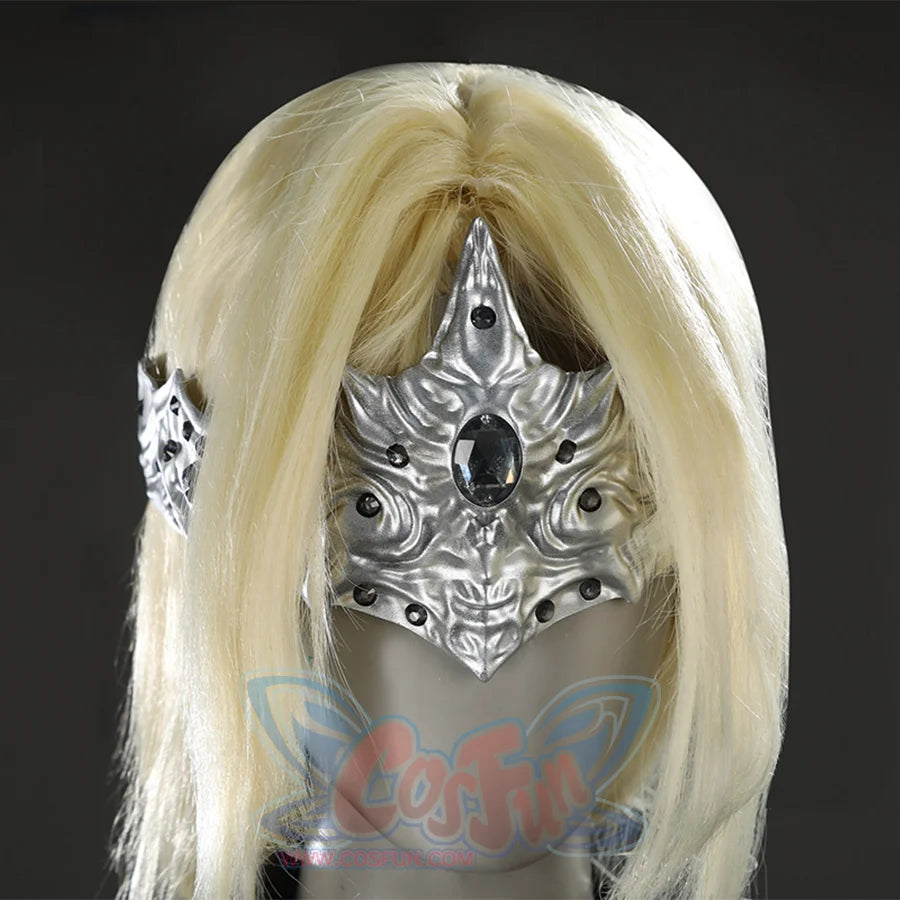 Close-up front view of the Fire Keeper silver eye mask with dark gem details displayed over blonde hair.