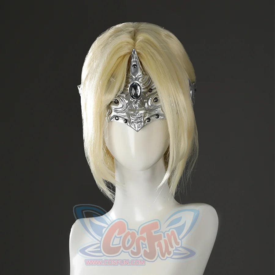 Front view of the Fire Keeper silver eye mask displayed on a mannequin head with pale blonde hair.