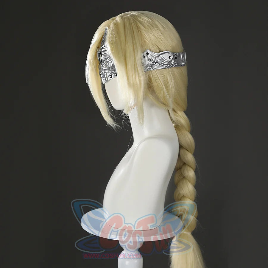 Side view of the Fire Keeper silver mask accessory showing the head band and side detail on blonde hair.