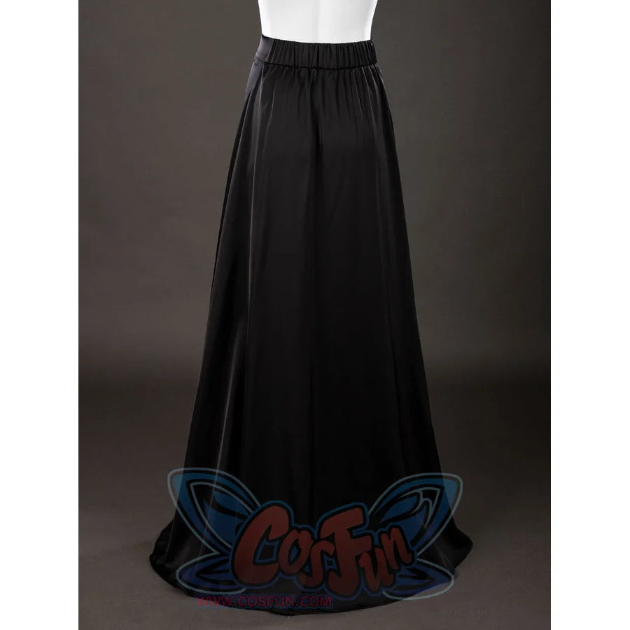 Dark Souls III Fire Keeper cosplay skirt back view displays a gathered waistband above the full black drape