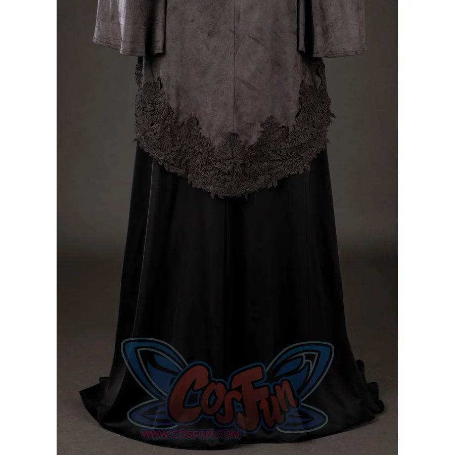 Dark Souls III Fire Keeper cosplay skirt back view shows black layers falling beneath a lace-trimmed hem