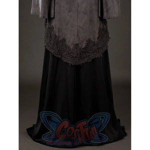 Dark Souls III Fire Keeper cosplay skirt back view shows black layers falling beneath a lace-trimmed hem