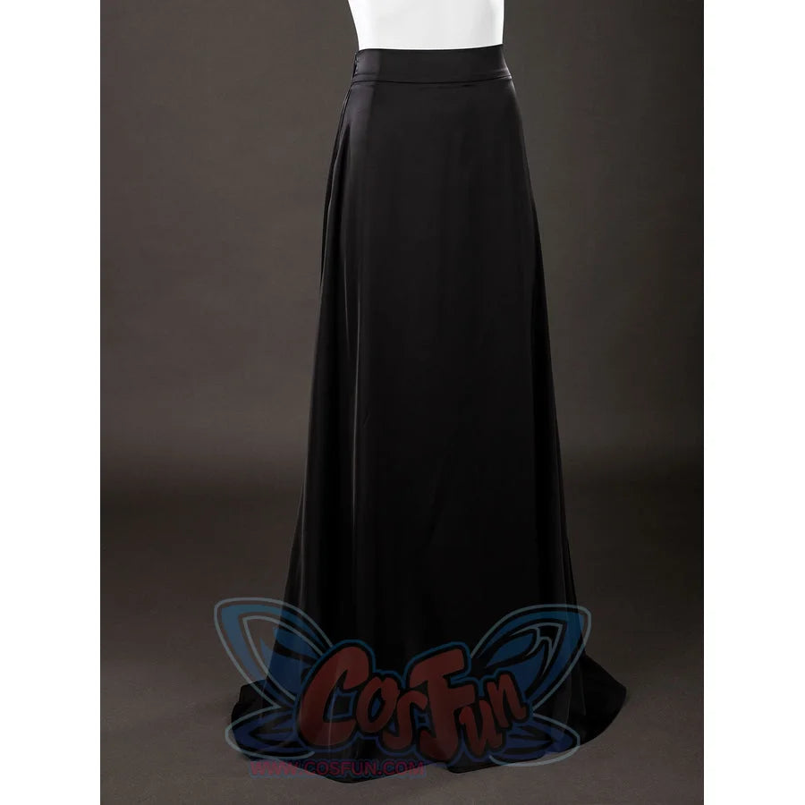 Dark Souls III Fire Keeper cosplay skirt front view shows a smooth black satin drape from the waistband down