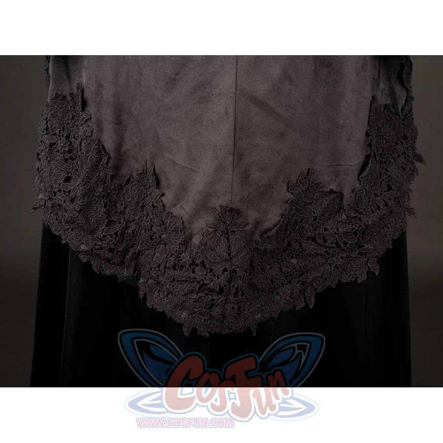 Dark Souls III Fire Keeper cosplay costume hem close-up highlights dark lace over the black skirt