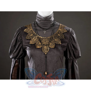 Dark Souls III Fire Keeper cosplay costume neckline detail places gold lace over the gray tunic