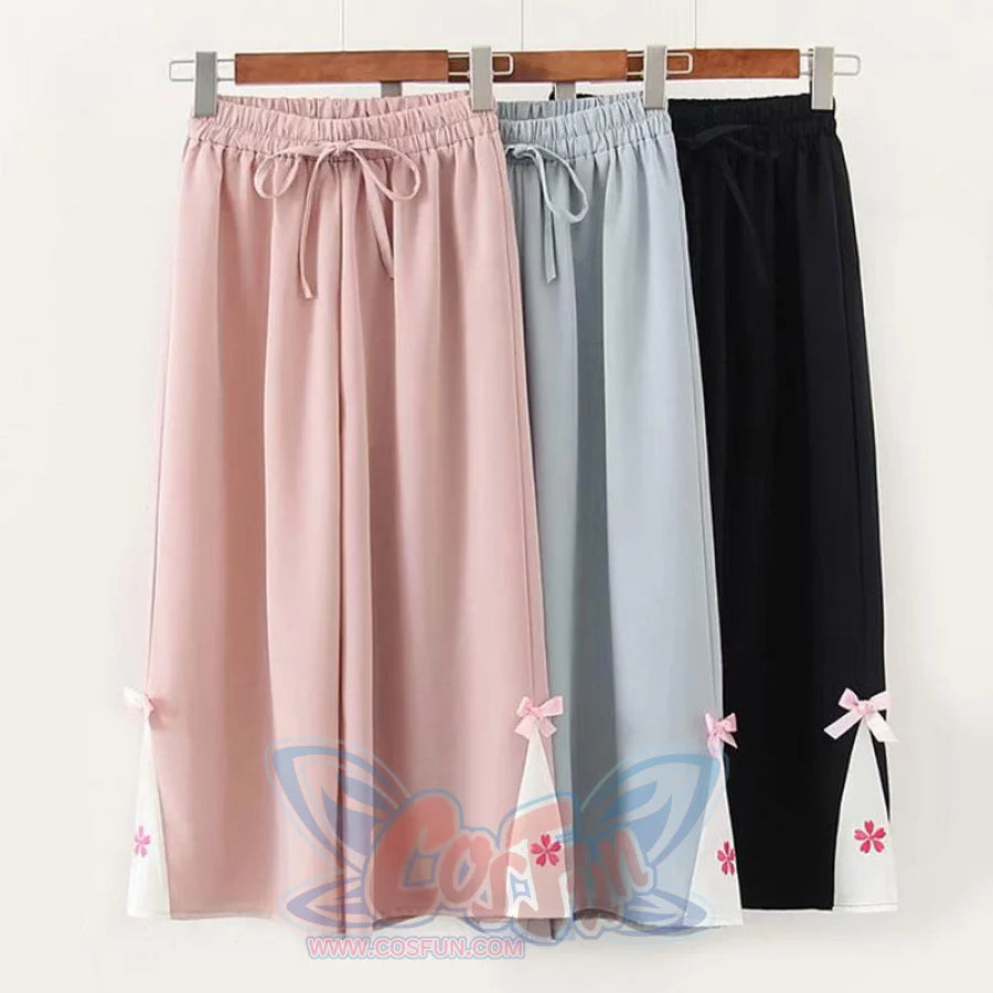 Flower Embroidery Bow Knot Wide Leg Pants