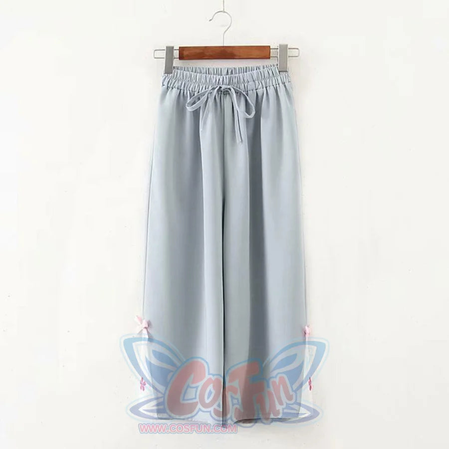 Flower Embroidery Bow Knot Wide Leg Pants Blue / M