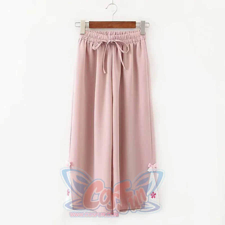 Flower Embroidery Bow Knot Wide Leg Pants Pink / M