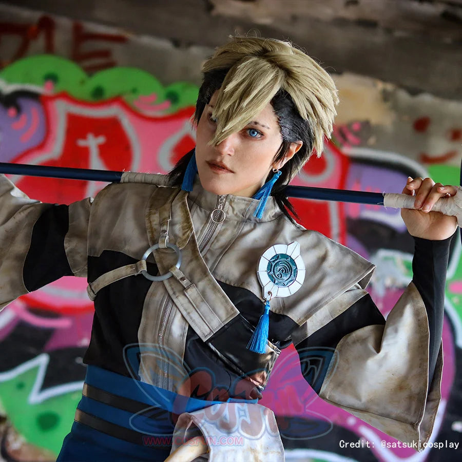 Gachiakuta Zanka Nijiku cosplay costume upper view sets the zip collar beneath blue tassels and shoulder emblem