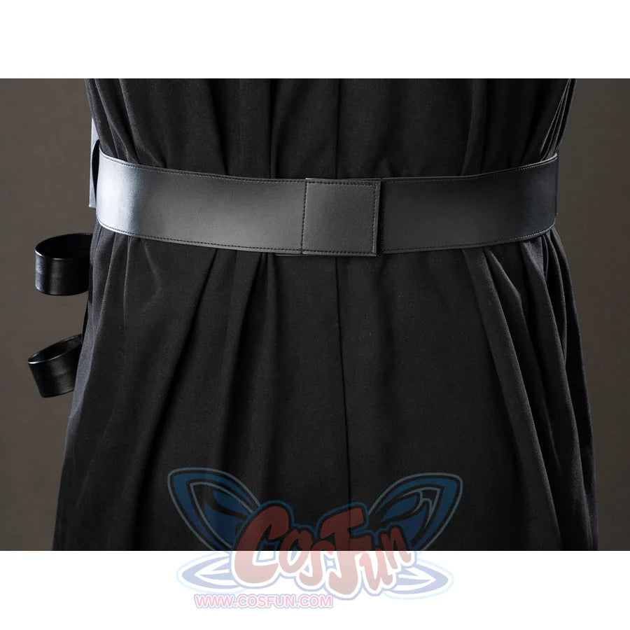 Galactic Saga Darth Vader Anakin cosplay back belt close-up anchors the cape folds beneath a wide gray waist strap