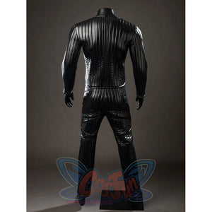 Galactic Saga Darth Vader Anakin cosplay bodysuit back view stacks glossy ribbed panels across fitted black pants