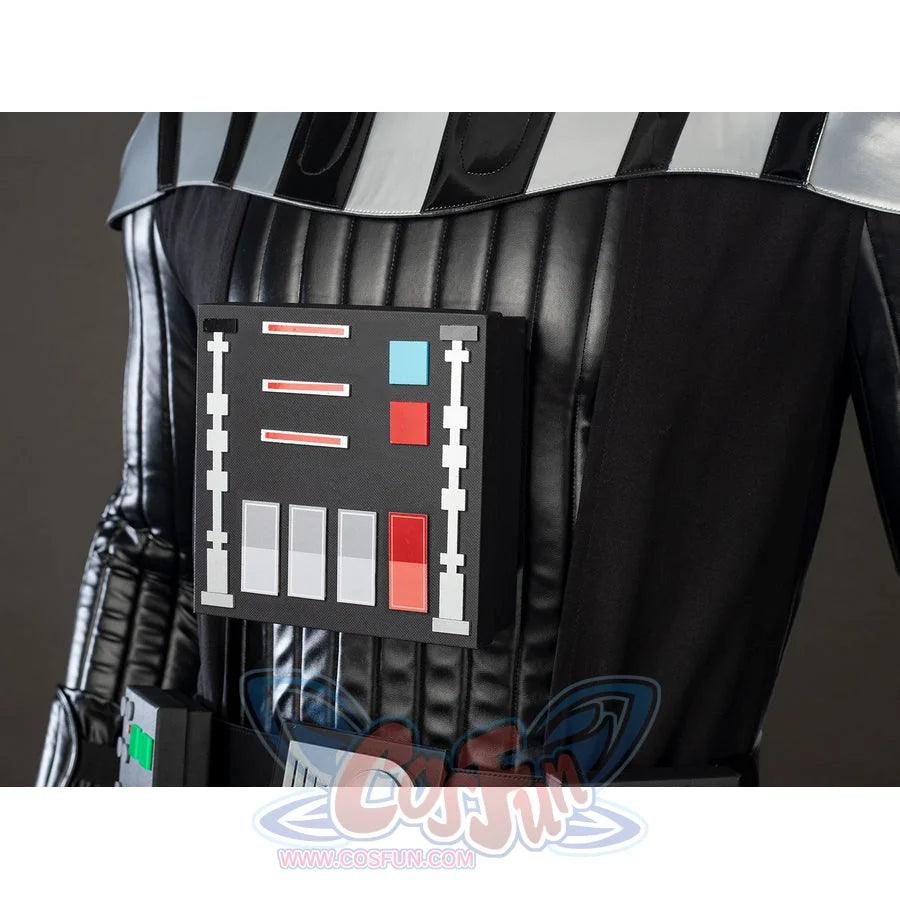 Galactic Saga Darth Vader Anakin cosplay chest panel detail sits above a draped cape edge and glossy sleeve armor