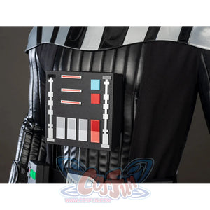 Galactic Saga Darth Vader Anakin cosplay chest panel detail sits above a draped cape edge and glossy sleeve armor