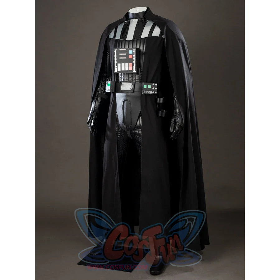 Galactic Saga Darth Vader Anakin cosplay costume angled front view sets chest panel between black cape panels