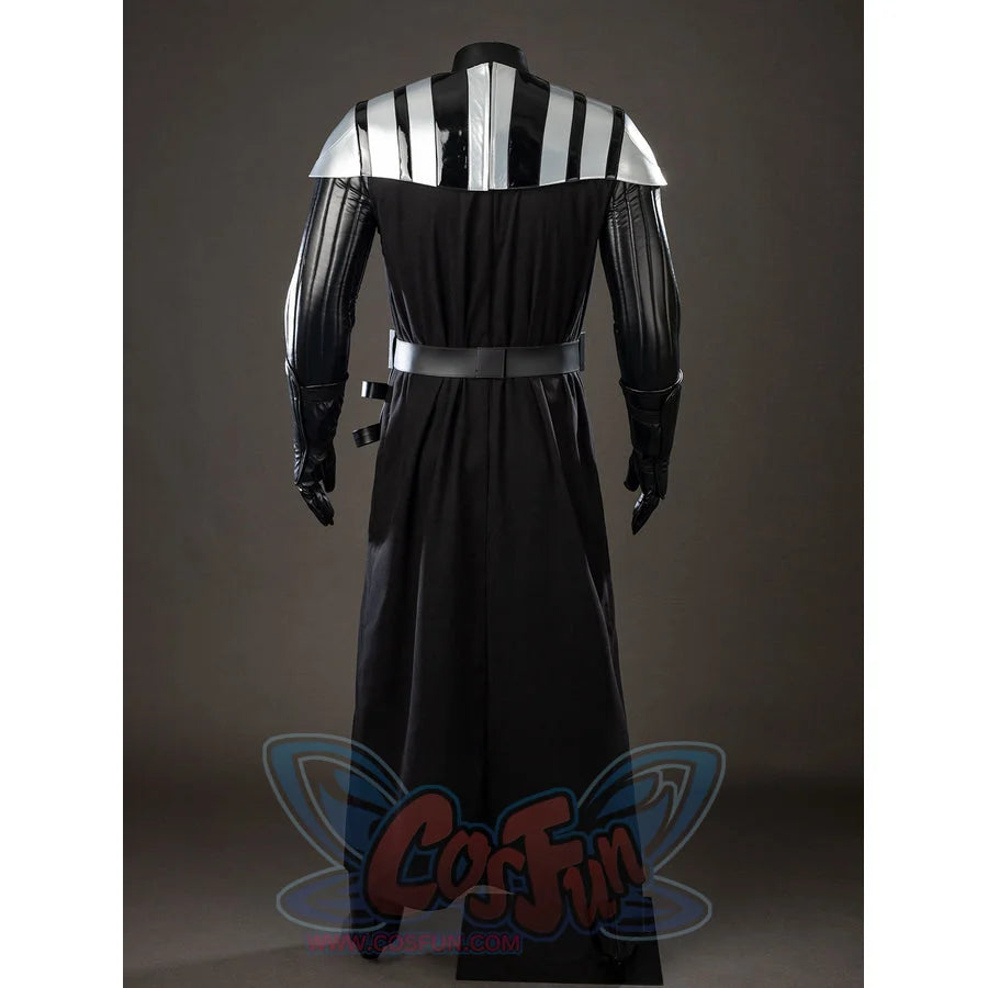 Galactic Saga Darth Vader Anakin cosplay costume back view anchors the cape below silver shoulder armor and a wide belt