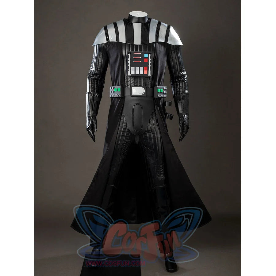 Galactic Saga Darth Vader Anakin cosplay costume front view spreads the black cape around ribbed armor and gloves