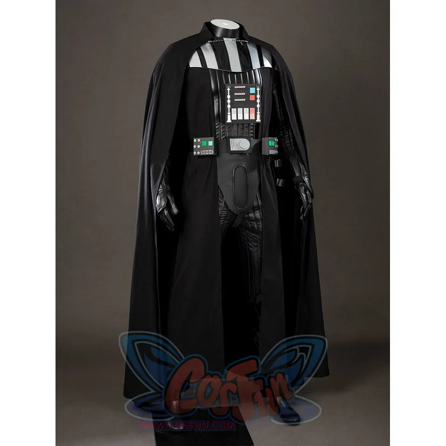 Galactic Saga Darth Vader Anakin cosplay costume front view gathers cape panels around glossy armor and belt boxes