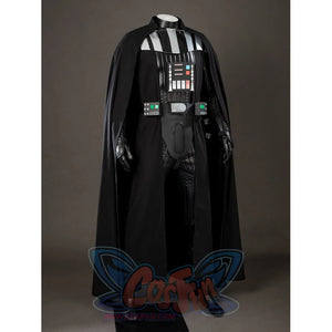 Galactic Saga Darth Vader Anakin cosplay costume front view gathers cape panels around glossy armor and belt boxes
