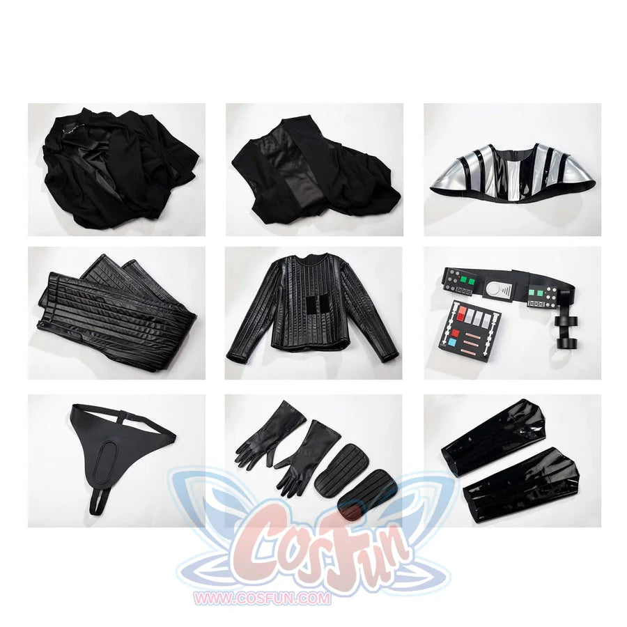 Galactic Saga Darth Vader Anakin cosplay costume flat lay arranges armor pieces beside the black cape
