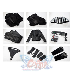 Galactic Saga Darth Vader Anakin cosplay costume flat lay arranges armor pieces beside the black cape