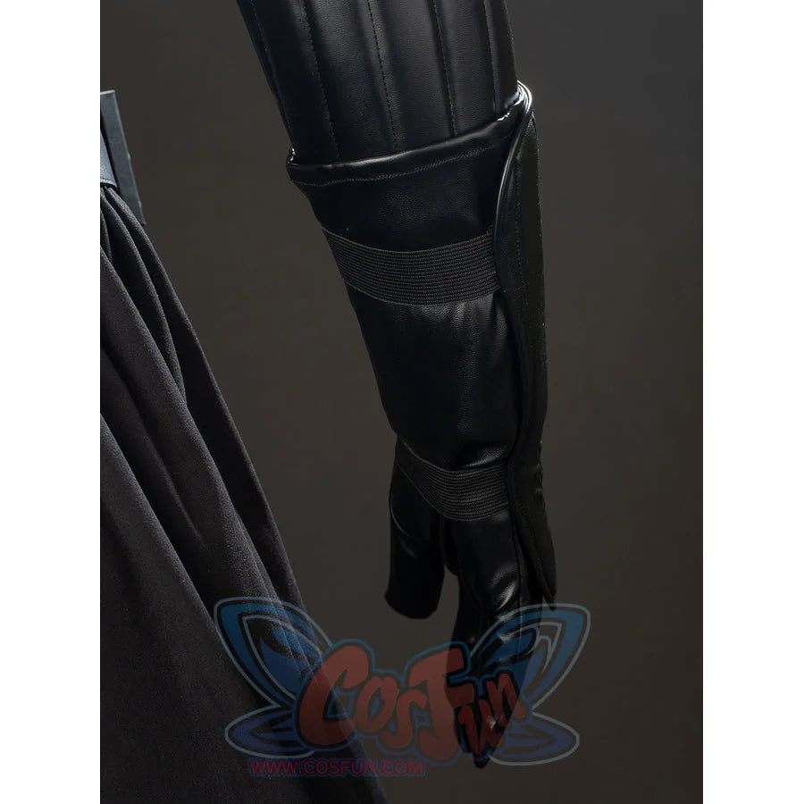 Galactic Saga Darth Vader Anakin cosplay glove and leg cover detail pairs glossy black armor panels beside cape fabric