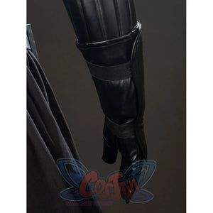 Galactic Saga Darth Vader Anakin cosplay glove and leg cover detail pairs glossy black armor panels beside cape fabric