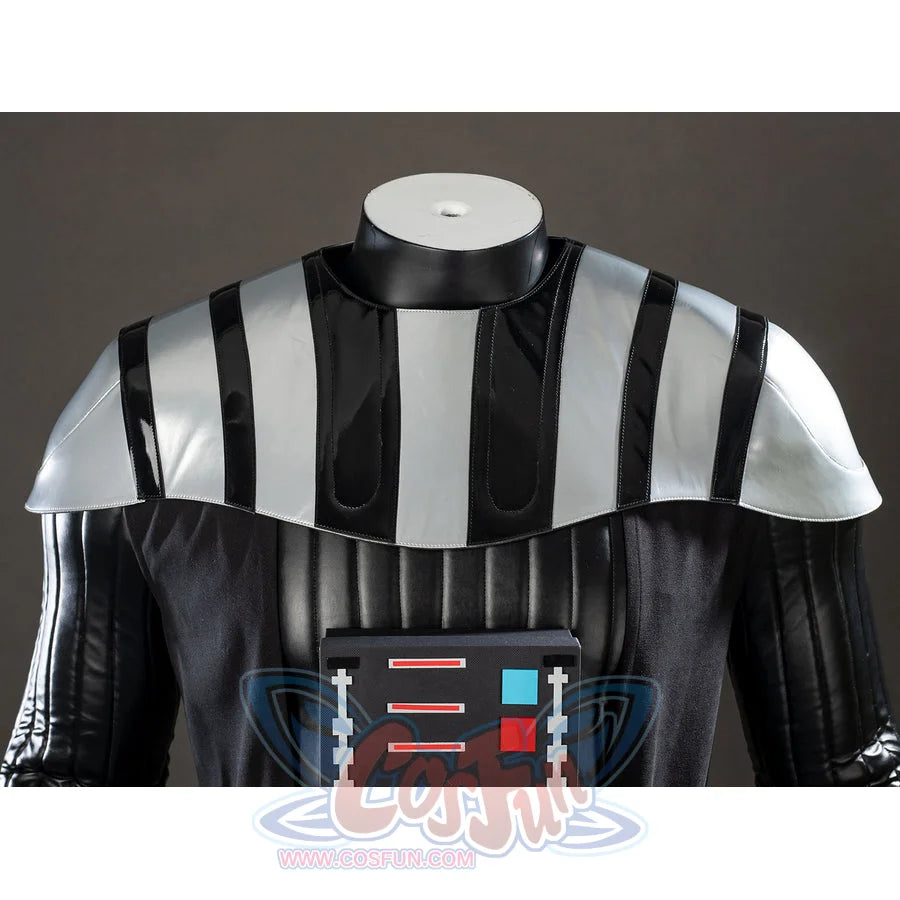 Galactic Saga Darth Vader Anakin cosplay shoulder armor detail layers silver striped plates over a black chest panel