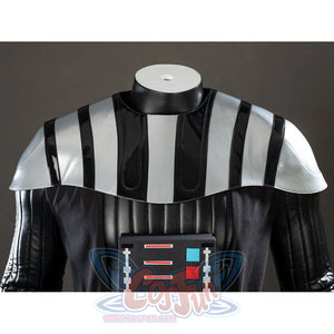 Galactic Saga Darth Vader Anakin cosplay shoulder armor detail layers silver striped plates over a black chest panel