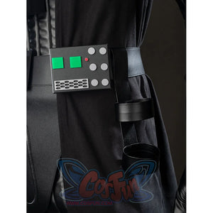 Galactic Saga Darth Vader Anakin cosplay side belt control box rests against black cape fabric and the waist strap