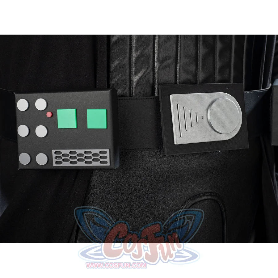 Galactic Saga Darth Vader Anakin cosplay waist belt close-up sets green controls beside a silver buckle and black armor