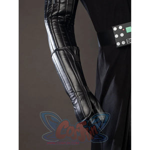 Galactic Saga Darth Vader Anakin cosplay wrist guard detail layers glossy black panels along the forearm beside the cape