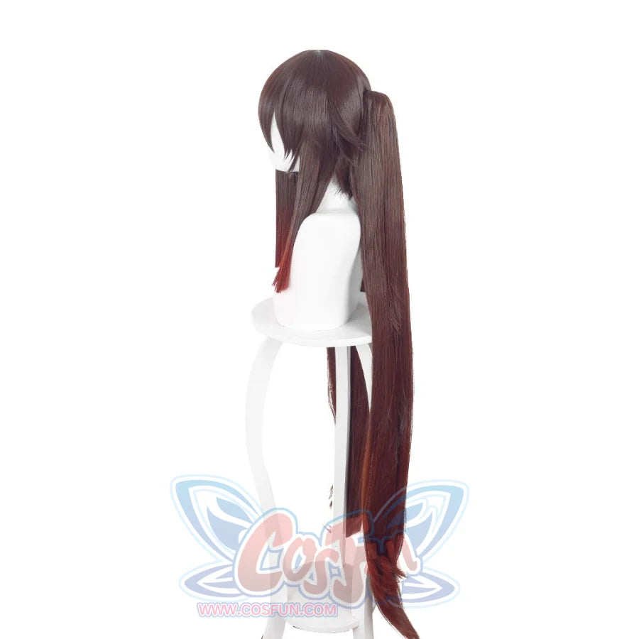 Genshin Impact Hu Tao cosplay wig, long brown twin tails, side view, highlighting face-framing bangs